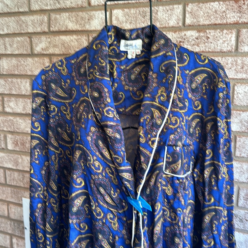 Blue Black Vintage Smoking Jacket paisley rayon cotton robe no belt